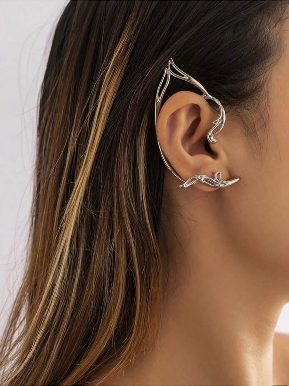 Pair of Silver Fairy / Elf Ear Cuffs - Elegant Sculptured Botanical Design